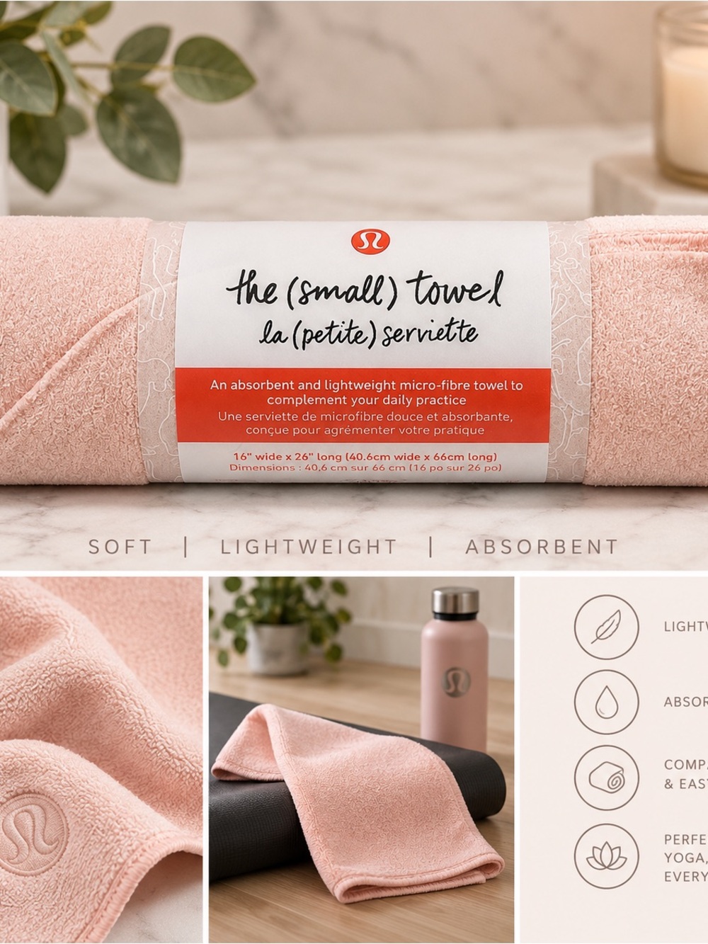 Lululemon The Small Towel Pink Microfiber Yoga Gym Towel NEW